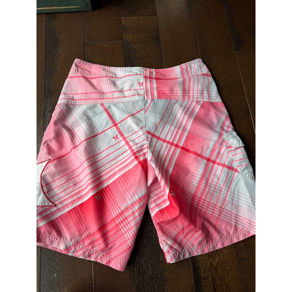 Hurley mens Board Shorts Size 34 Pink White Plaid Swim Trunks Beachwear